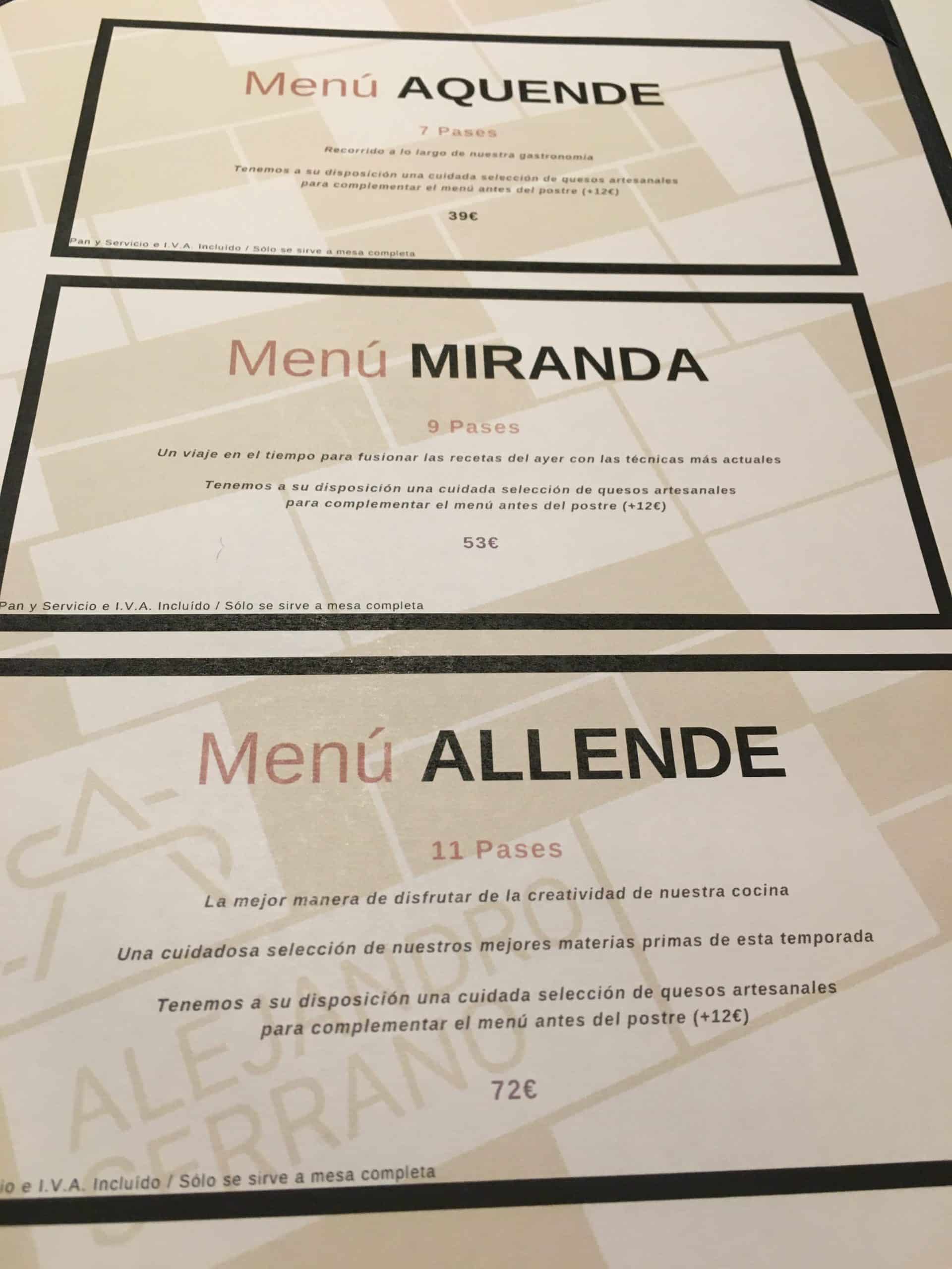 Menús del Restaurante Alejandro Serrano